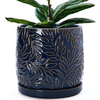 D'vine Dev Embossed Leaves Ceramic Planter, 10 in, Midnight Blue, 27-A-P-3 by DvineDevPlanterPotsandStand