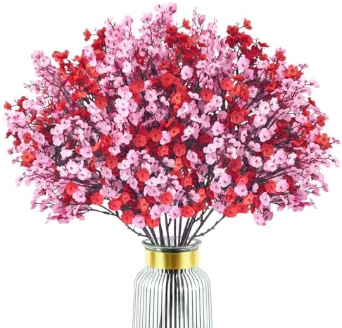 Uieke 30 Pcs Valentine’s Day Artificial Baby’s Breath Flowers, Red Pink Faux Gypsophila Bouquets Real Touch Silk Fake Flowers for Romantic Wedding, Anniversary, Party, Home Table Centerpiece Décor by Uieke
