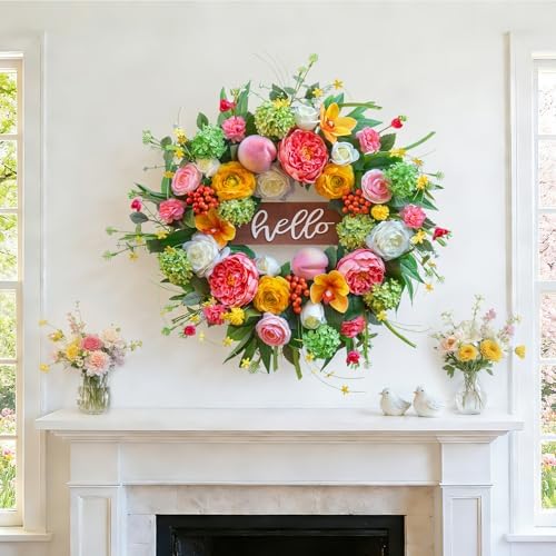 Spring Wreath for Front Door, 24 Inch Artificial Spring and Summer Wreath with Peony, Rose, Orchid, Hydrangea and Gardenia Flowers, Peach, Berries and Hello Wooden Sign, Decor for Indoor Outdoor - Image 4