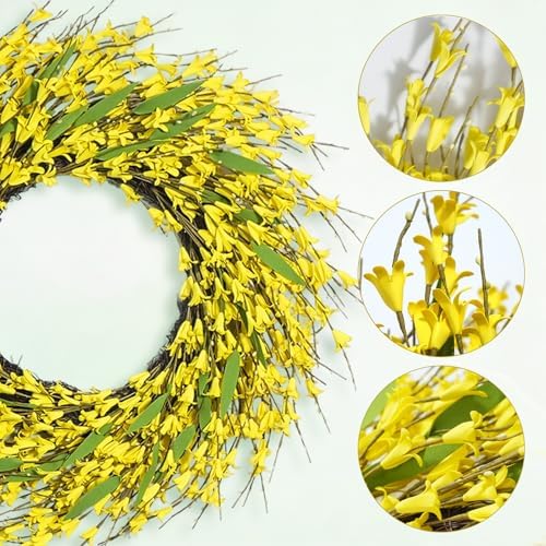 idyllic 22 Inch Spring Yellow Forsythia Leaf Wreath, for Front Door Window Porch Living Room Mantel Farmhouse Spring Home Decor Gift - Image 3