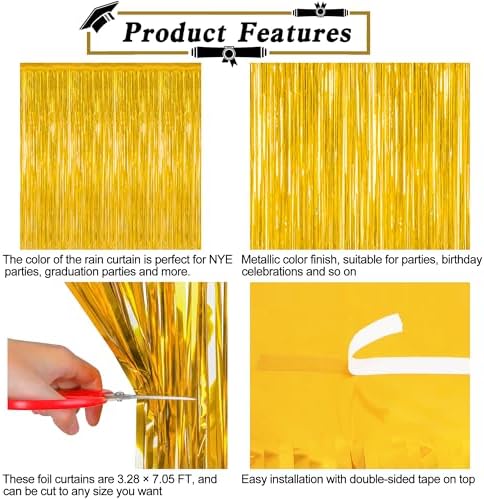 12 Pack 2026 Graduation Decorations, 3.28 FT x 7.05 FT Gold Backdrop Curtains, Metallic Class of 2026 Backdrop Fringe Curtains Foil Streamer, Gold Grad Decorations 2026 Party Supplies - Image 4