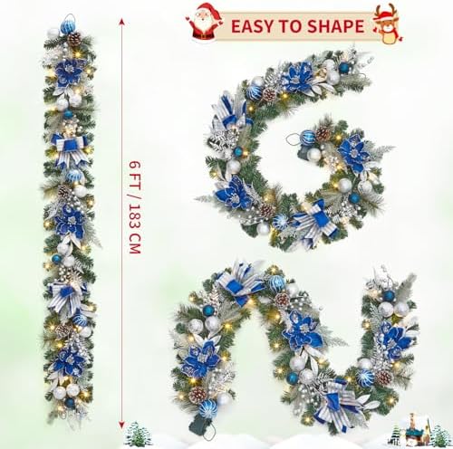 Garvee 6 Ft Christmas Garland with Lights for Mantle, Blue Silver - Image 2
