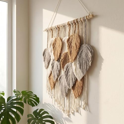Jditngp Macrame Leaf Wall Hanging Boho Woven Tapestry,Vertical Large Wall Decor Tassels Grey brown Hand Woven Leaf Feather Pendants Nordic Wall Art for Bedroom Living Room Apartment 23.6" WX31.5 L - Image 6
