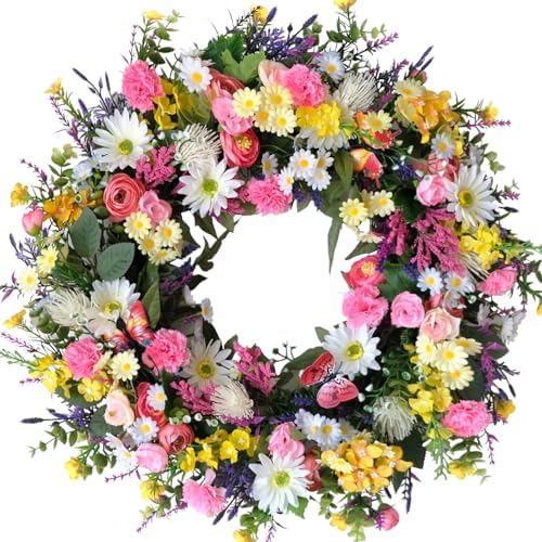 idyllic 22 Inch Spring Summer Wild Flower Front Door Wreath, Everyday Greenery Leaves for Indoor and Outdoor Use, Rustic Farmhouse Style Home Wreath Decor by idyllic