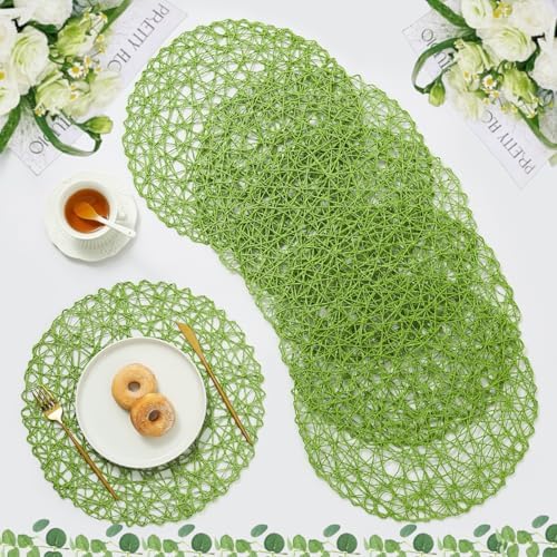 IcosaMro Round Woven Placemats Set of 12 for Dining Table, 15 Inches Paper Boho Decorative Circle Place Mats for Wedding Christmas Thanksgiving Day Holiday Dinner (Green) by IcosaMro