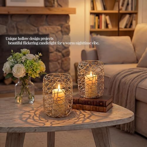 Decorative Lanterns for 3" Pillar Candles, Gold Candle Holders Set of 2 - Image 2