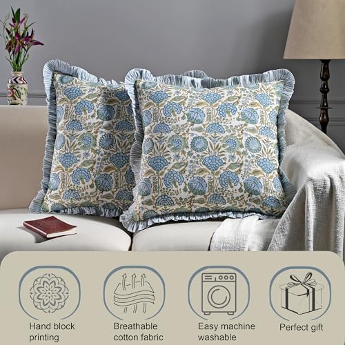 Ridhi Asparagus Green Floral Block Print Throw Pillow Covers 20x20 Inch - Image 4