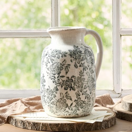 Ceramic Vintage Vase Flower Decorative Vase Chinoiserie Decor Rustic Farmhouse Retro Floral Vases for Table Bookshelf Mantel Kitchen Living Room Office - 9.5" Gray - Image 5
