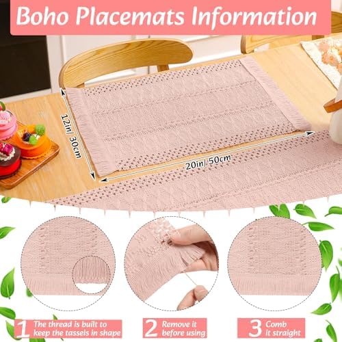 Boho Table Runner and Placemats Set, 6 Sets, Pink, 12x72 - Image 2