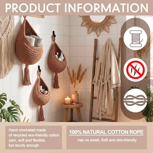 Honeydak 3 Hanging Baskets, White, Tassel, Cotton Rope - Image 3