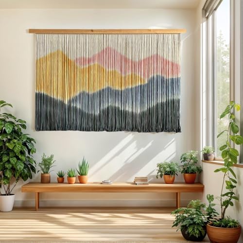 Sdjazl Woven Boho Macrame Wall Hanging Home Decor Tapestry Dip-Dyed Large Modern Handmade Colorful Mountain Landspace For Living room (light pink) - Image 4