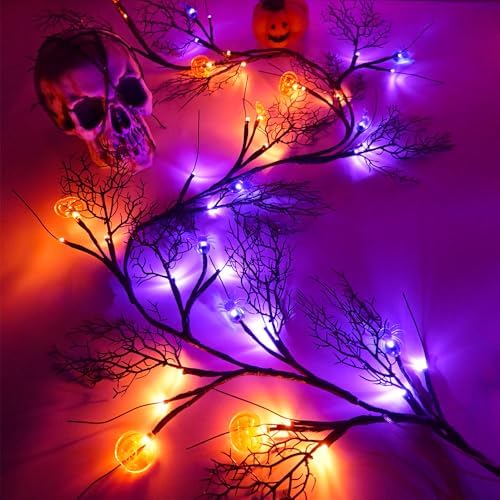 Halloween Decor Lights 8.86FT 72 LED Willow Vine Twig with Timer Battery Operated Garland Lights with Orange Pumpkins Purple Spiders and Black Dead Branches Indoor Halloween Decorations for Home - Image 6