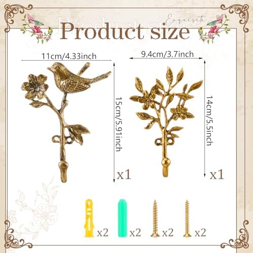 2 Pack Vintage Bird Hooks for Wall Decorative Hooks,5.5 to 5.9 in - Image 2