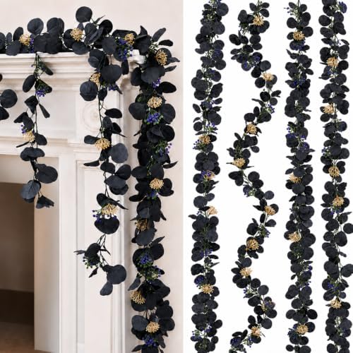 4 Pcs 6Ft Artificial Eucalyptus Garland, Faux Eucalyptus Plants Black Leaves Fake Vines for Halloween Table Home Wedding Mantle Party Indoor Outdoor Decor by Unknown