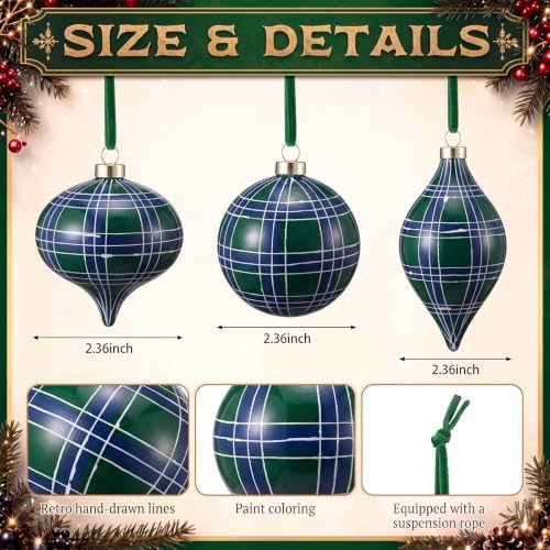 12 Pcs 2.36in Christmas Scottish Tartan Ball Ornaments, Green - Image 2