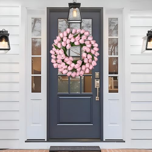 24 Inch Tulip Summer Wreath for Front Door Spring Silk Wreath with Green Leaves Artificial Tulip Flower Wreaths for All Seasons Farmhouse Porch Wall Living Room Home Widding Decor - Image 5
