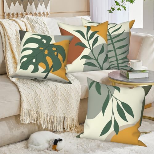 4 Pcs/Set Leaves Throw Pillow Covers Boho Spring Summer Watercolor Green Leaf Nature Botanical Plants Minimalist Linen Pillow Cases for Sofa Couch Outdoor Decorative, 24"x24" - Image 5