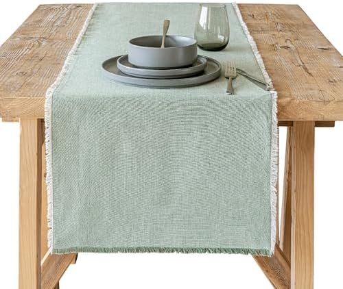 Over&Back 18x90 Woven Frayed Chambray Cotton Table Runner - Washable Table Runners for a Custom Home Decor Tablescape - Hand-Finished Frayed Edges - Coffee Table, Dinner Table, Living Room - Green by overback