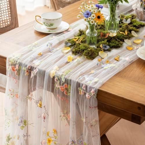 3Pcs Floral Cheesecloth Table Runner, Ivory White Table Runner 10Ft by Aiimart