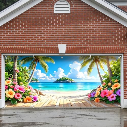 ANNA QUEEN 7x16 ft Garage Door Banner,Reusable Large Outdoor Backdrop for Tropical,Patriotic,Graduation and Christmas Party Decorations (Hawaiian Beach) by ANNAQUEEN