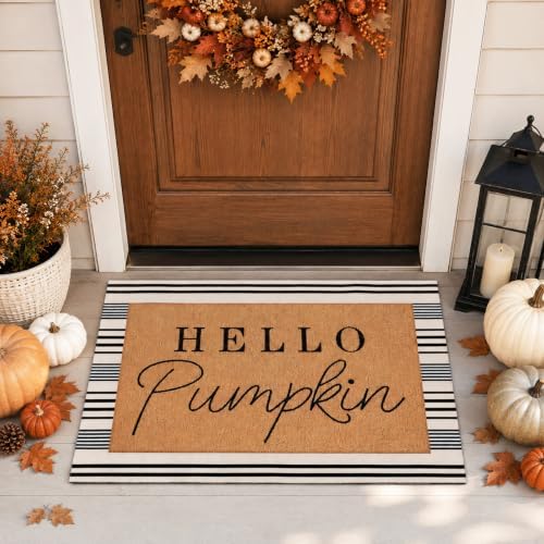 Tinideya 2 Pcs Hello Pumpkin Layered Doormat Set with Stripe Rug by Tinideya