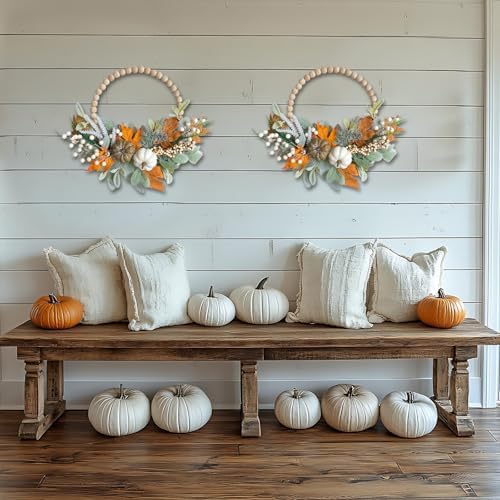 2PCS 16 inch Wood Beads Wreath,Fall Wreaths for Front Door,Eucalyptus Berries Pumpkins Lamb Ears Leaves Autumn Wreaths for Front Door, Fall Decor, Porch Wall, Home Outdoor Holiday Decor - Image 7