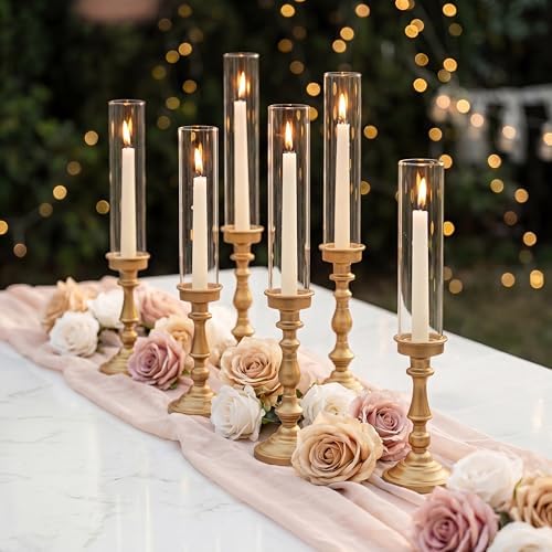 NUPTIO Hurricane Candle Holders, Set of 6 Gold Taper Holders with Glass by Nuptio