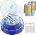 Rubtlamp 175 Pcs Plastic Dinnerware Set (25 Guests), Blue Disposable Plates With Gold Rim, Hammered Party Plates Set Include Dinner Platos, Dessert Platos, Cups, Cutlery And Napkins for Party by Rubtlamp