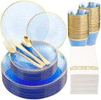 Rubtlamp 175 Pcs Plastic Dinnerware Set (25 Guests), Blue Disposable Plates With Gold Rim, Hammered Party Plates Set Include Dinner Platos, Dessert Platos, Cups, Cutlery And Napkins for Party by Rubtlamp
