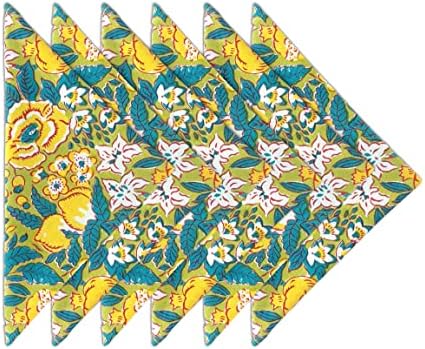 Craftbot Cotton Print Dinner Napkins 18x18 inches - Washable Cloth Napkins Set of 6 - Everyday Use or Dinner Party and Events - Green Yellow Indian Block Printed Fabric by AVKAStudio