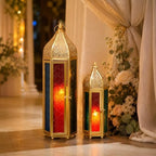 TRIROCKS Set of 2 Moroccan Candle Lanterns 22.5''&15'' H Decorative Candle Holder Hanging Lanterns with Embossed Colored Tempered Glass Ramadan Decorations for Home Outdoor Indoor Patio Weddings(Gold) - Image 5