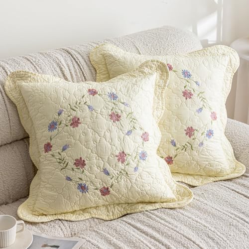 vctops Set of 2 Cotton Quilted Embroidered Decorative Square Throw Pillow Covers with Scalloped Floral Soft Cushion Case for Couch Sofa Bed (Flower E,18"x18") by vctops