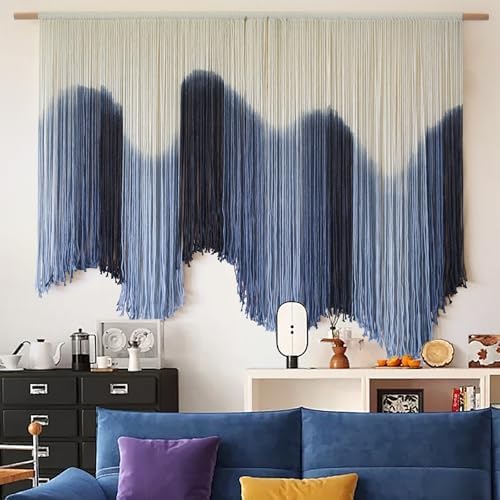 Macrame Wall Hanging Blue Large Hand-Dyed Ombre Fiber Tapestry 57"W*39"L - Image 3