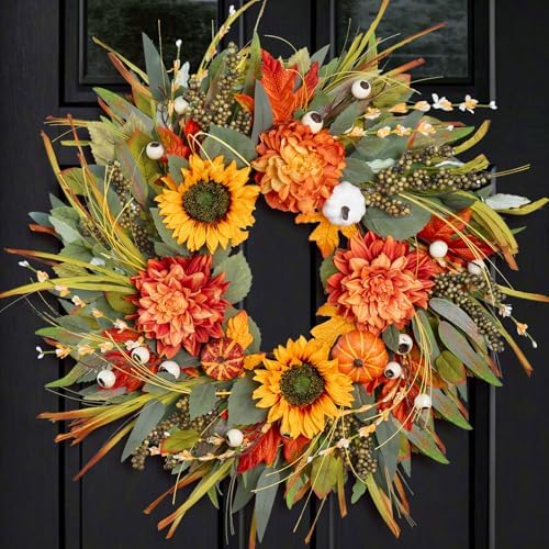 Fall Wreaths for Front Door 24 Inch Fall Wreath with Pumpkins, Sunflowers & Berries – Outdoor Autumn Wreath for Porch, Thanksgiving, Halloween & Harvest Decor by SoomeirWreath