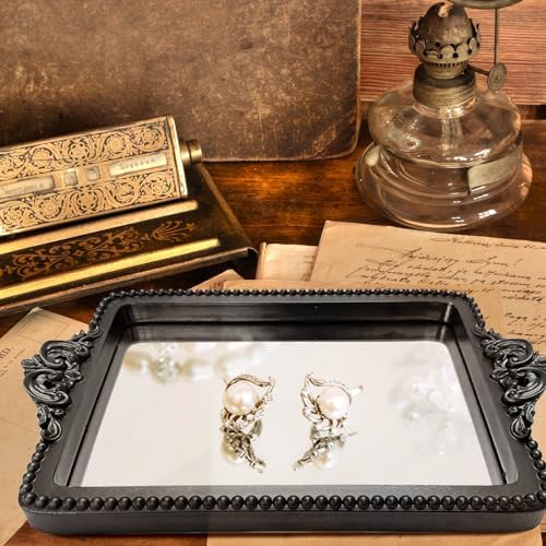 Vintage Black Tray with Mirror Glass Base | Card Holder for Guests During Occasions and Events or Decorative Home and Vanity Organizer - Image 3