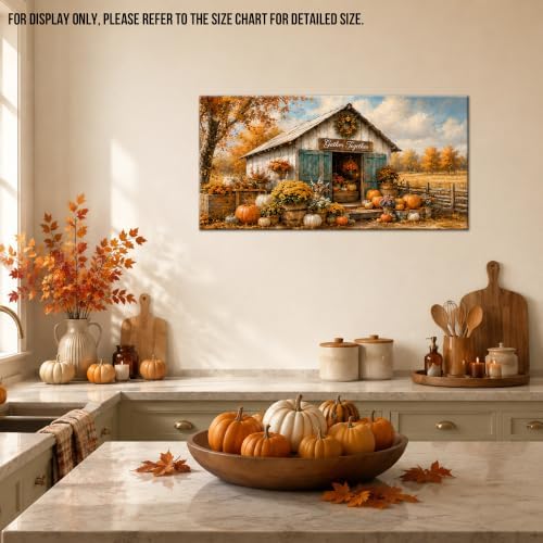 WAXWHELK Fall Canvas Wall Art Rustic Farmhouse Barn Painting Pictures with Pumpkins Mums and Gather Together Sign, Autumn Thanksgiving Home Decor Artwork for Living Room Bedroom, (24"x47") - Image 3