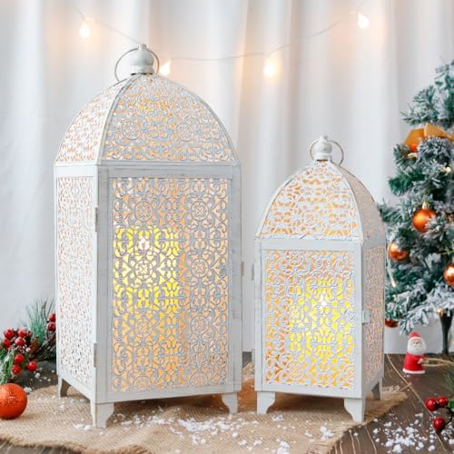 TRIROCKS Large Decorative Candle Lantern Set-16.5''&12'' High Metal Temple Moroccan Lantern Lamp for Home Decorations Living Rooms Gardens Parties Wedding Indoors and Outdoors - White with Gold Brush by TRIROCKS