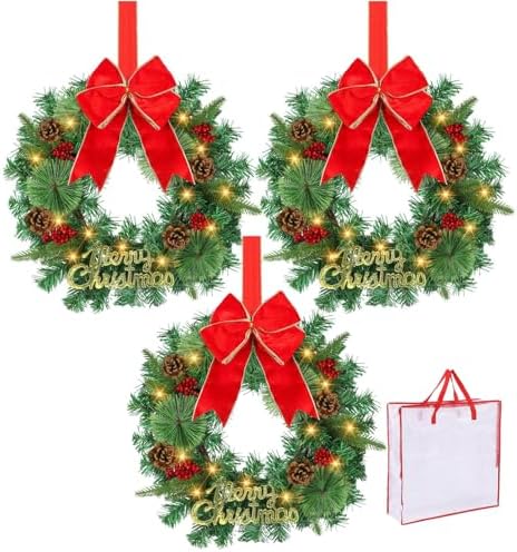15 Inch Christmas Wreath Decorations,Set of 3 Pre-Lit Mini Kitchen Cabinet Christmas Wreaths with Red Bows&Pine Cones& Berries &Hooks & Storage Bag for Front Door, Windows, Fireplace (Indoor/Outdoor) by LIFENCE
