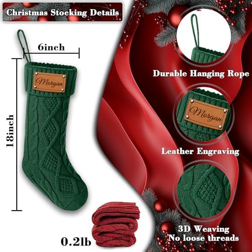 Personalized Christmas Stockings, Custom Engraving Christmas Stockings 3 Pack with Names, 18” Large Knitted Xmas Stocking for Family Kids, Fireplace Hanging Holiday Christmas Party Decoration - Image 4