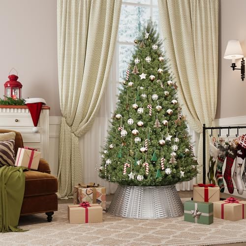 ELYKEN Christmas Tree Collar, 28 Inch Silver Woven Xmas Tree Skirt for 7.5 ft Trees, Stylish Rustic Basket for Tree Base Cover with Cord Cut-Out for Pencil Trees, Easy Assembly - Image 2