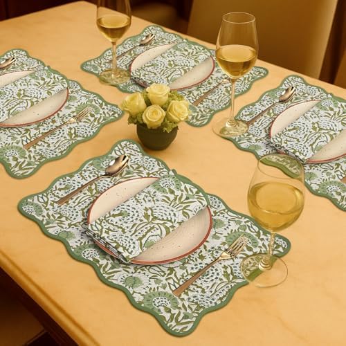 CPC Cotton Placemats Agate Green Set of 4-Hand Block Printed Reversible Placemats, Flower Scalloped & Embroidered Cloth Table Mats - 14 x 20 inch Gift for Spring, Mother's Day - Image 2