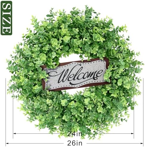 26" Artificial Eucalyptus Wreath with Welcome Sign for Front Door(Green) - Image 5