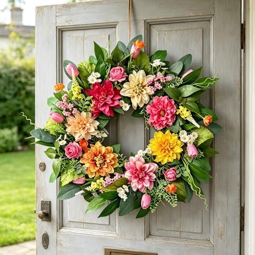 24 Inch Spring Summer Wreath for Front Door - Artificial Floral Wreath with Roses, Dahlia and Tulip Flowers and Green Leaves, Farmhouse All Season Home Decor for Indoor Outdoor Wall Porch - Image 2