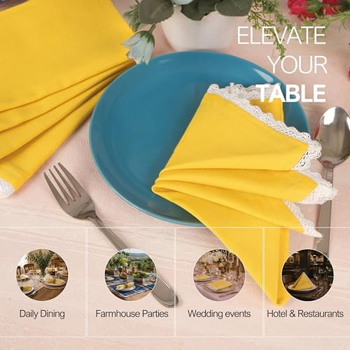 FINGERCRAFT Lace Cloth Napkins, Cotton Linen, 12 Pack, 20x20 Inch, Yellow - Image 5