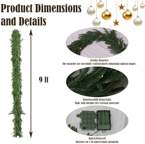 TW SHINE 9FT Pre-Lit Christmas Garland with Lights, 50 LED Lighted Artificial Norfolk Pine Garlands, Christmas Decorations for Indoor Outdoor Mantle Stairs Fireplace Decor, Warm White - Image 2