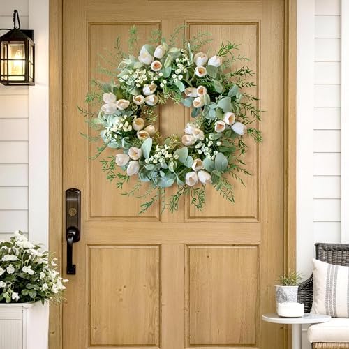 20" White Tulip Wreath for Front Door Spring Summer Easter Décor - Image 6