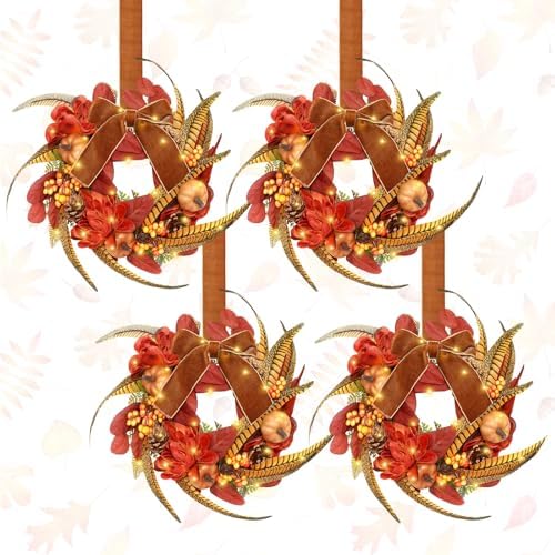 Hoteam 4 Pcs 9 Inch Small Fall Wreath for Cabinet Mini Fall Wreath by Hoteam