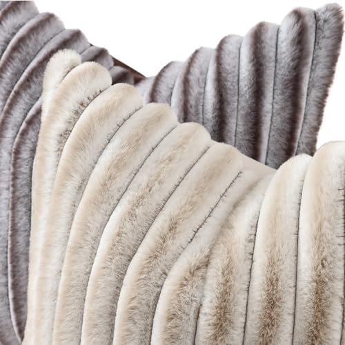 decorUhome Fall Faux Fur Throw Pillow Covers 26x26 Set of 2 Brown White - Image 2