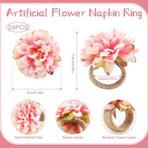 24 Pcs Flower Napkin Rings Daisy Flower Handcraft Floral Napkin Holder Rings for Wedding, Holiday Banquet, Luncheons, Birthday Party Dining Table Decor - Image 3