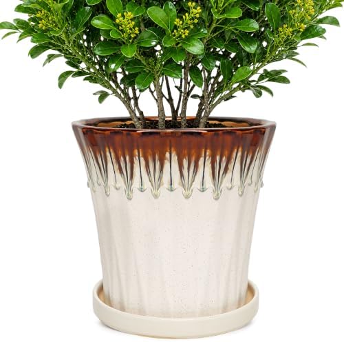 10 Inch Ceramic Planters with Drainage Hole and Saucer,Indoor Outdoor Large Flower Pots, Garden Pot for Plant Lovers (Drip White) by Unknown